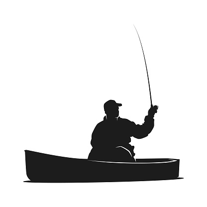 Stylized silhouette of a man in a baseball cap sitting in a boat and fishing - cut out vector sticker or decal