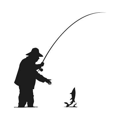 Stylized silhouette of a man in fishing waders, a fishing rain jacket and a fishing hat with a fishing rod, standing in the water and catching fish - cut out vector sticker or decal