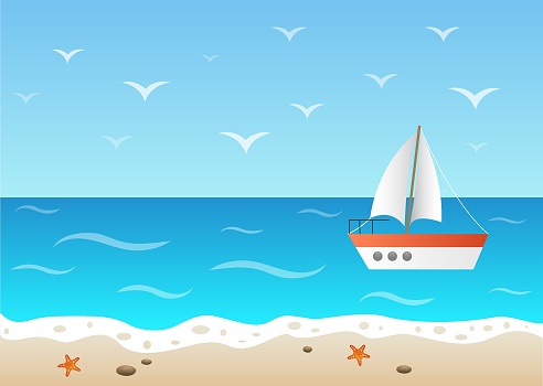 Summer landscape sea with whit ship seastar and seagulls, white boat in the ocean, summer vacation day