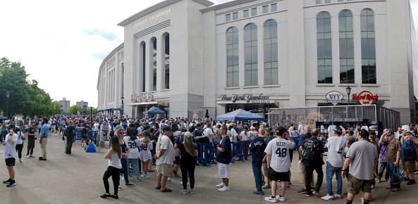 Bronx, New York - May 12, 2023: Wide angle of Yankee Stadium with fans waiting to see game.