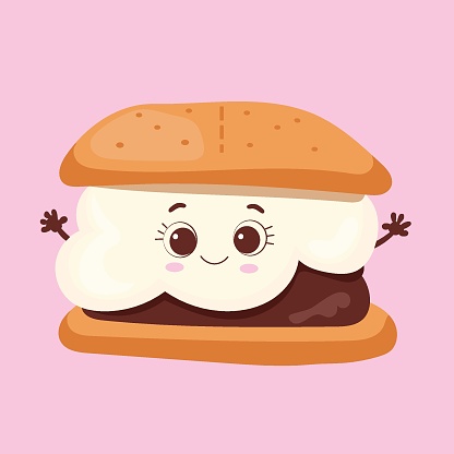 Marshmallow Cartoon Character with a chocolate backpack and Graham Crackers. Sâmore vector illustration.Isolated objects on a pink background. Vector illustration for any design