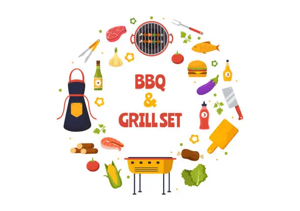 Vector illustration of Barbecue and Grill Set Vector Illustration People Grilling or BBQ Party Food at Park in Festival and Summer Cooking Cartoon Hand Drawn Templates