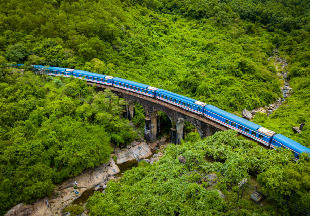 The railway passes through the mountains with green forest cover, this is Hai Van pass with beautiful scenery.
