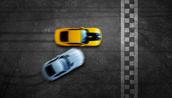 3D Rendering Aerial top view two cars battle on race track going to the finish line, Two race cars view from above.
