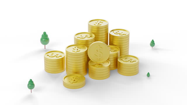 Cute 3d animation mountain of golden coin stack finance with tree around on white background.