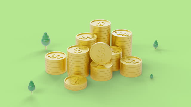 Cute 3d animation mountain of golden coin stack finance with tree around on green background.
