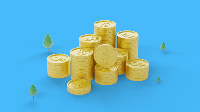 Cute 3d animation mountain of golden coin stack finance with tree around on blue background.
