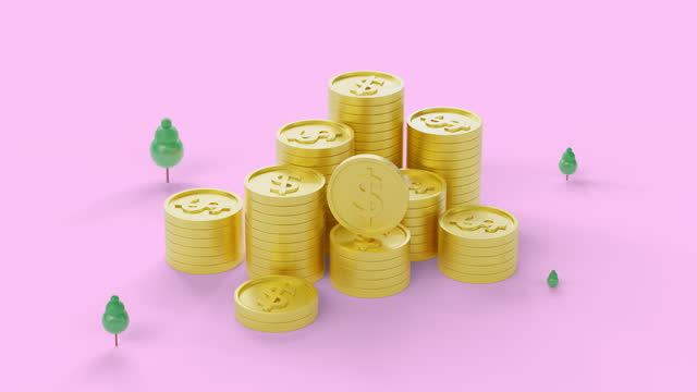 Cute 3d animation mountain of golden coin stack finance with tree around on pink background.