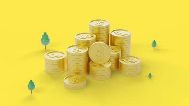 Cute 3d animation mountain of golden coin stack finance with tree around on yellow background.