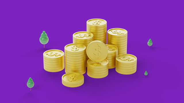 Cute 3d animation mountain of golden coin stack finance with tree around on purple background.