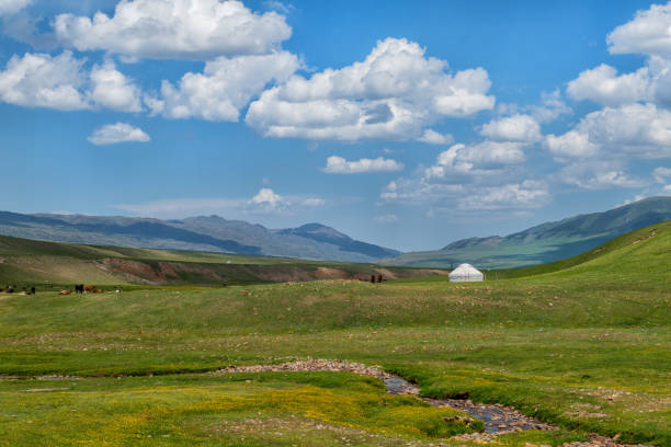 View of the old traditional yurt at the meadow in Kyrgyzstan, Central Asia