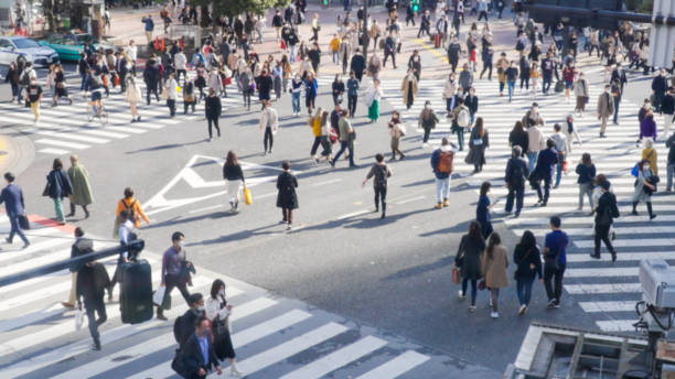 Blurred crowd of people crossing Shibuya crosswalk in Tokyo City, Japan Blurred crowd of busy pedestrian people crossing city street crosswalk with road traffic at Shibuya, Tokyo City, Japan in autumn. Man and woman tourist shopping in the city while travel on vacation tokyo crowds on the famous shibuya crossing japan stock pictures, royalty-free photos & images