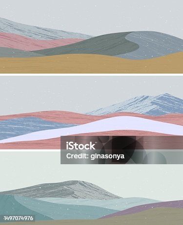 istock set of Mid century modern minimalist art print. Abstract contemporary aesthetic backgrounds landscapes with sea, mountains, wave. vector illustrations 1497074976