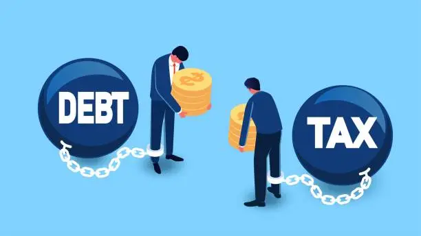 Vector illustration of Debt and tax, heavy debt and tax burden, loans and mortgages, isometric frustrated businessmen and heavy huge debt tax iron ball tied together