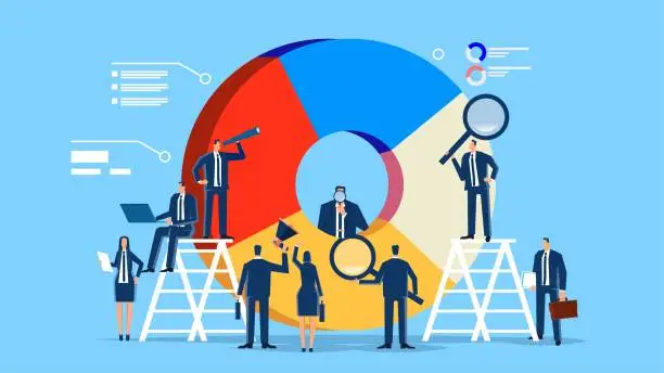 Vector illustration of Data analysis, financial investment analysis, bank manager, business project data statistics and management, business data reporting, businessman team analysis pie charts