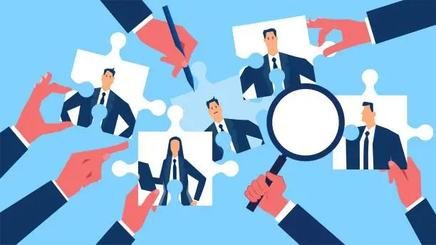 Vector illustration of HR recruitment, team candidates, resume and individual career skills analysis, finding a business team or partner, team puzzles, HR managers analyzing employee puzzles