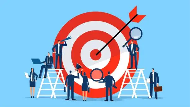 Vector illustration of Planning and analysis of team or individual career business development goals, achieving goals to accomplish the mission, business team analysis of huge targets