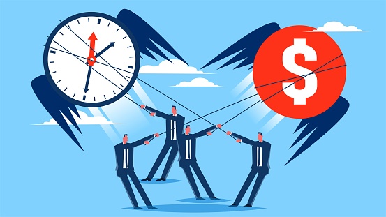 Save money and time, avoid wasting time and money, maximize business losses, financial or economic losses, time and money, businessmen struggle to pull back the clocks and gold coins that fly away