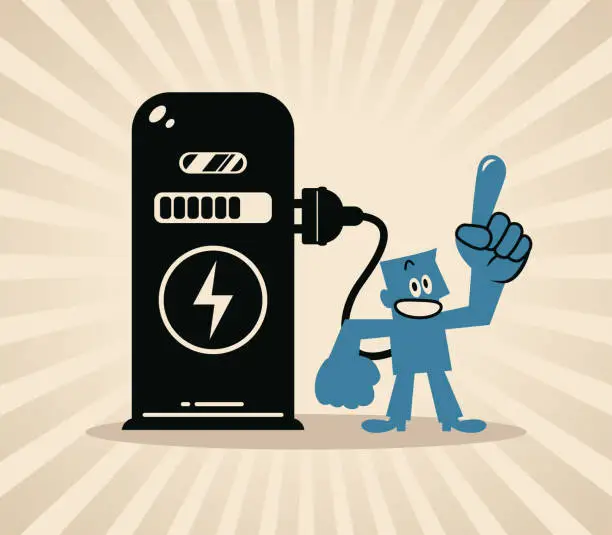 Vector illustration of A smiling blue man with an electric plug is charging himself at a charging station to fill himself with power