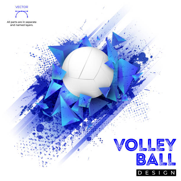 Grungy texture, 3D pyramid shapes and volleyball ball Abstract background with stripes, grungy texture, 3D pyramid shapes and volleyball ball - vector illustration volleyball sport stock illustrations