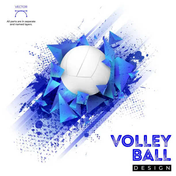 Vector illustration of Grungy texture, 3D pyramid shapes and volleyball ball