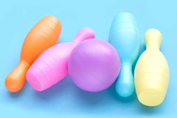 istock Colorful plastic bowling toy on blue background. 1497085164