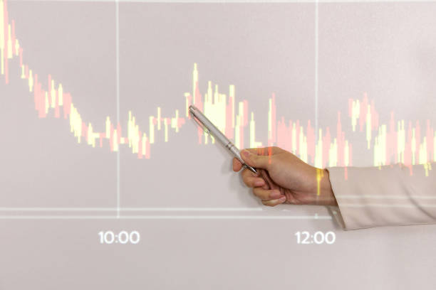 penna che tiene la mano della donna d'affari in primo piano, che indica il grafico multicolore sul monitor della presentazione. - stock market data performance chart pen foto e immagini stock