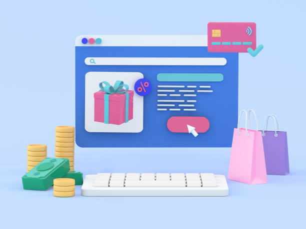 página web de compras en línea 3d con caja de regalo, bolsas de compras, icono de tasa de interés, efectivo y monedas. ventas, e-commerce, descuento, oferta especial, economía, concepto de ahorro. ilustración de renderizado 3d. - interest rate finance financial page financial figures fotografías e imágenes de stock