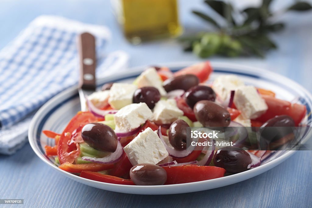 Greek salad Greek salad on a plate closeup Appetizer Stock Photo