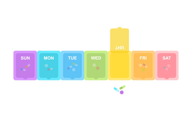 ilustrações de stock, clip art, desenhos animados e ícones de pill organizer filled with tablets and capsules for each day of the week. weekly pill box opened for thursday - vitamin pill capsule equipment data