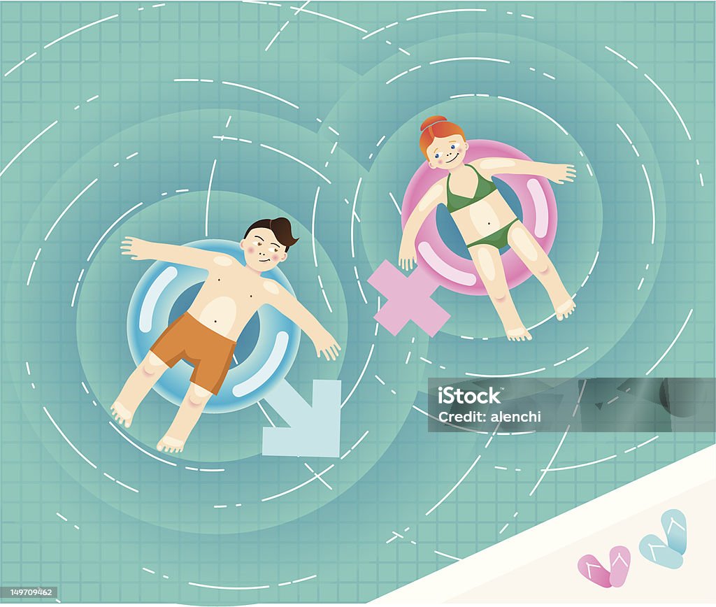 Chica y Chico en una piscina en tubos flirty colchonetas inflables - arte vectorial de Acostado libre de derechos