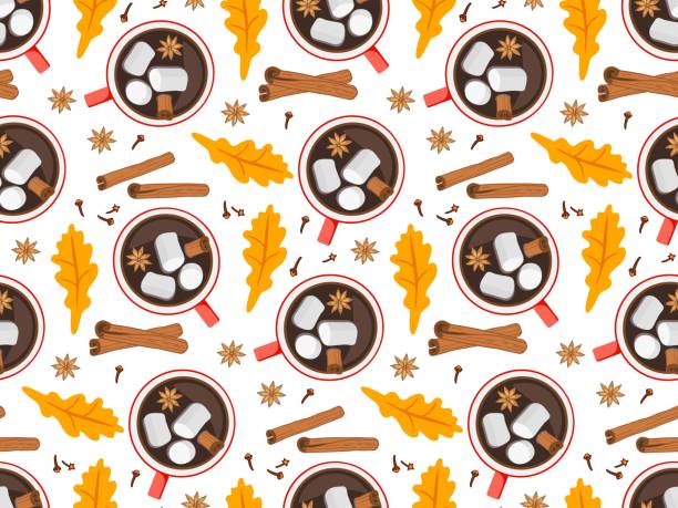 Seamless Hot chocolate pattern. Warm beverage mug with marshmallows, cinnamon and falling leaves. Colorful Vector illustration in flat style for textile, wrapping paper, wallpaper, cover design. Seamless Hot chocolate pattern. Warm beverage mug with marshmallows, cinnamon and falling leaves. Colorful Vector illustration in flat style for textile, wrapping paper, wallpaper, cover design star anise stock illustrations