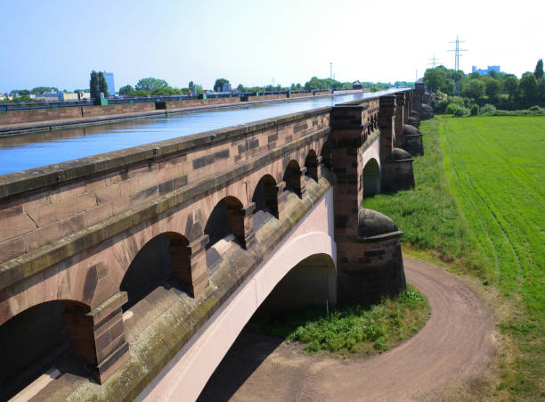 Hanzeboog train bridge over the river IJssel near the city of Zwolle in Overijssel, The Netherlands. Aerial drone point of view.