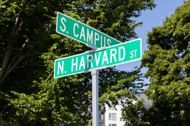 straßenschilder auf dem harvard-campus - massachusetts boston harvard university sign stock-fotos und bilder