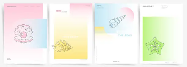 Vector illustration of Summer Gradient. Soft Colors Backgrounds with Geometric Elements for Abstract Creative Graphic Design. Vector Cover, Poster, Brochure Collection. Sea shells, pearls and starfish.