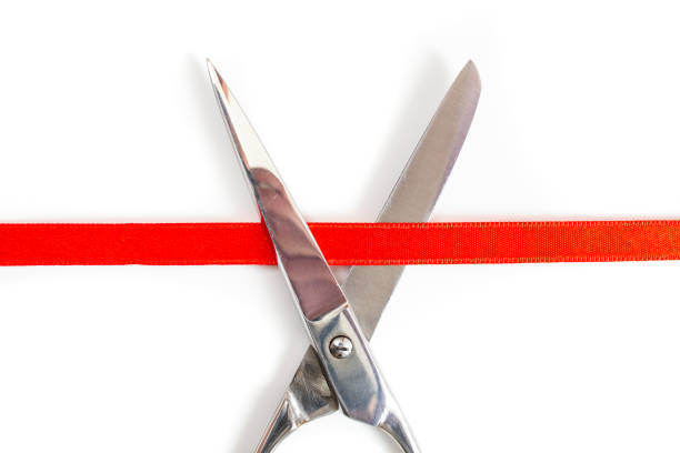istock Stainless steel scissors cutting a red satin ribbon, 1497099538