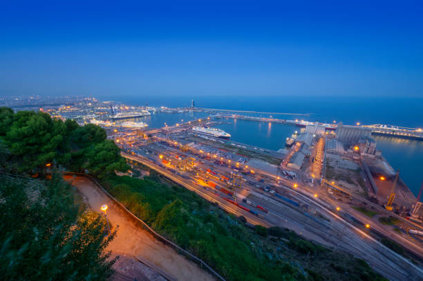 port of barcelona. night city view, spain - port de barcelona imagens e fotografias de stock