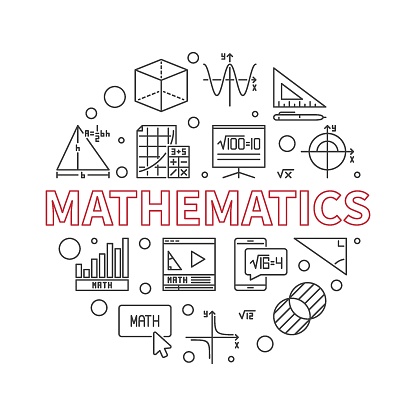 Mathematics concept vector outline circular banner. Math minimal round illustration