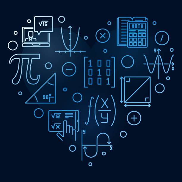 World Math Day vector line heart shaped blue banner - Math 8 March Holiday concept illustration World Math Day vector thin line heart shaped blue banner - Math 8 March Holiday concept illustration with dark background National Mathematics Day stock illustrations