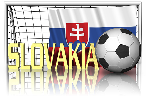 Slovacchia. Bandiera nazionale con in primo piano pallone da calcio. Sport football - Illustrazione 3D