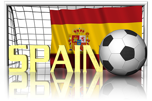 Spagna. Bandiera nazionale con in primo piano pallone da calcio. Sport football - Illustrazione 3D