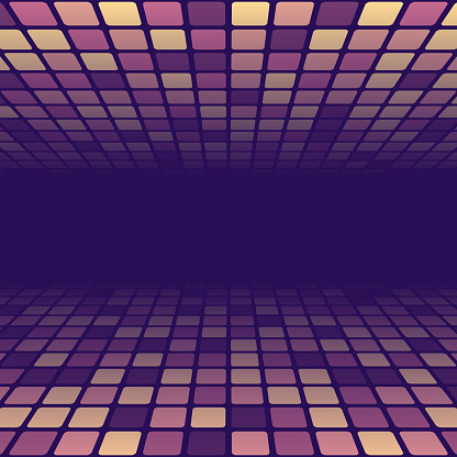Modern and trendy background. Geometric design with a mosaic of squares on top and bottom, looking like a dance floor. Beautiful color gradient. This illustration can be used for your design, with space for your text (colors used: Yellow, Beige, Pink, Purple). Vector Illustration (EPS file, well layered and grouped), square format (1:1). Easy to edit, manipulate, resize or colorize. Vector and Jpeg file of different sizes.