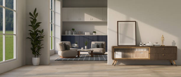 istock A modern, contemporary, spacious living room with an empty mockup frame on a wooden cabinet 1497110785