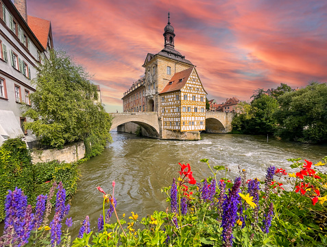 Old town hall in Bamberg with flowers in the foreground
