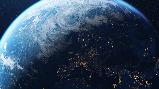 Europe and planet earth from space, texture maps by NASA is used to make this image in 3d software.  ( https://visibleearth.nasa.gov/collection/1484/blue-marble?page=2 )