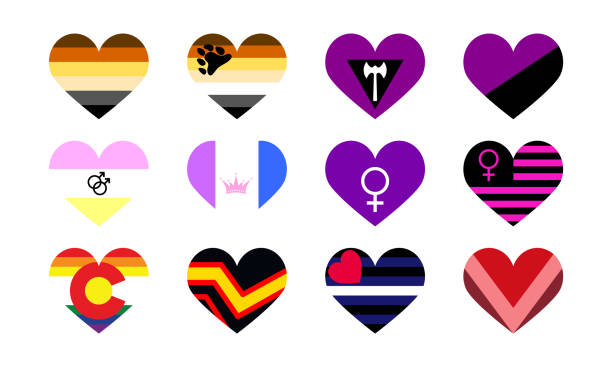 illustrazioni stock, clip art, cartoni animati e icone di tendenza di imposta bandiere lgbtq. illustrazioni lgbt pride month, concetto lgbtq. icone della bandiera del cuore impostate per la giornata internazionale dell'orgoglio lgbt. - twink