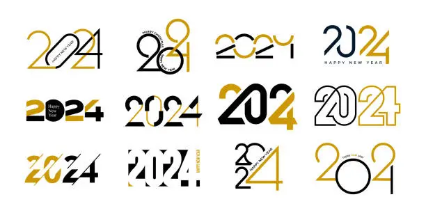 Vector illustration of Modern Happy New Year 2024 design set. Christmas with beautiful golden and black numbers. Premium trend vector illustration for banner, t shirt, poster, calendar and greeting Happy New Year 2024.