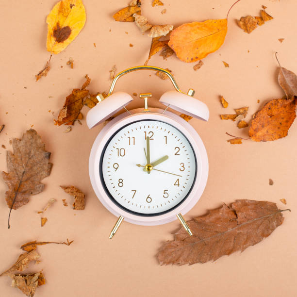 despertador con follaje otoñal, fin del horario de verano en otoño, cambio de horario de invierno - daylight savings fotografías e imágenes de stock