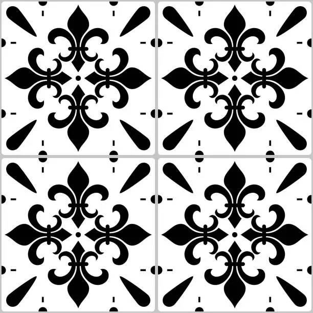 Vector illustration of Portuguese Azulejo tile seamless vector decrative pattern with fleur de lis motif, black and white abstract geometric design