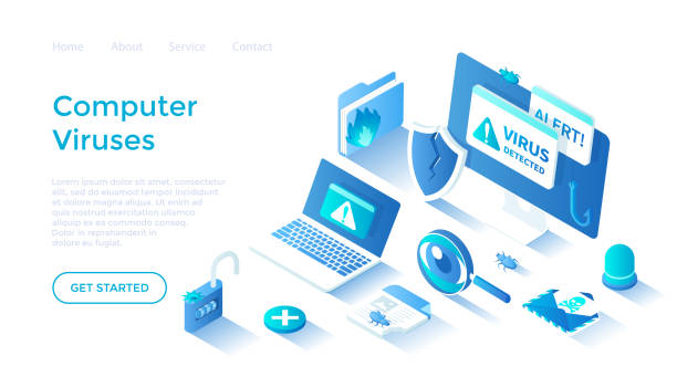 コンピュータウイルス。検出されたエラー、アラートメッセージ、バグ、オープンロック、感染ファイル、シールドの破損。アラートメッセージ付きのモニターとラップトップ。白い背景に� - security web page shield service点のイラスト素材／クリップアート素材／マンガ素材／アイコン素材